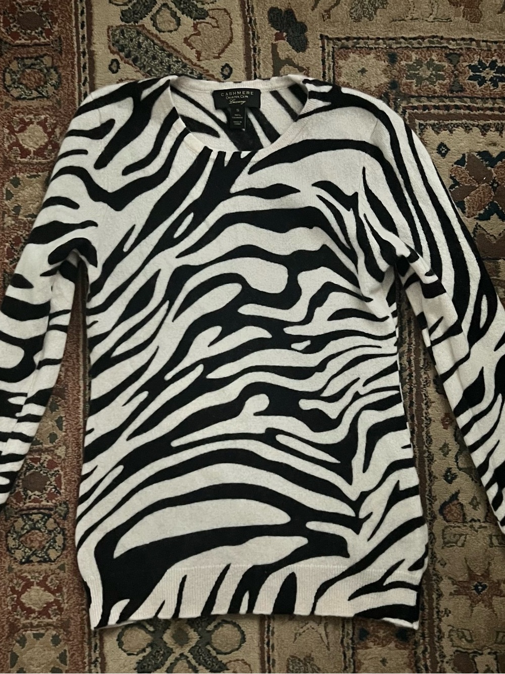 Charter Club Cashmere Zebra-Print Crew Neck Long Sleeve Sweater
